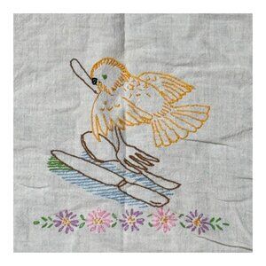 Vintage Embroidered Parakeet Lovebird Silverware Large Tea Towel Tablecloth 36"